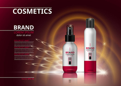 美容抗衰老霜廣告。化妝品包裝設計。3d 矢量美圖。保濕面膜霜玻璃瓶上閃閃發(fā)光的液體背景與水泡沫。產品包模擬