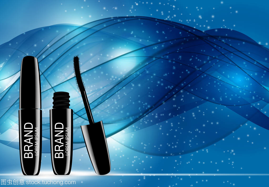 時裝設(shè)計(jì)化妝品產(chǎn)品模板的廣告或雜志背景。睫毛膏產(chǎn)品系列 Reportv 3d 逼真矢量 Iillustration